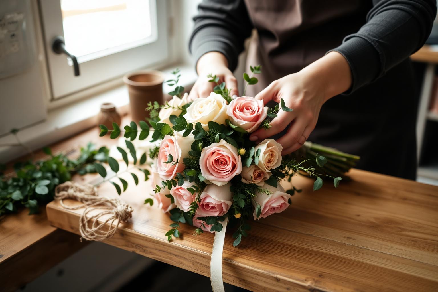 Le mani della fiorista mentre compone un mazzo di rose